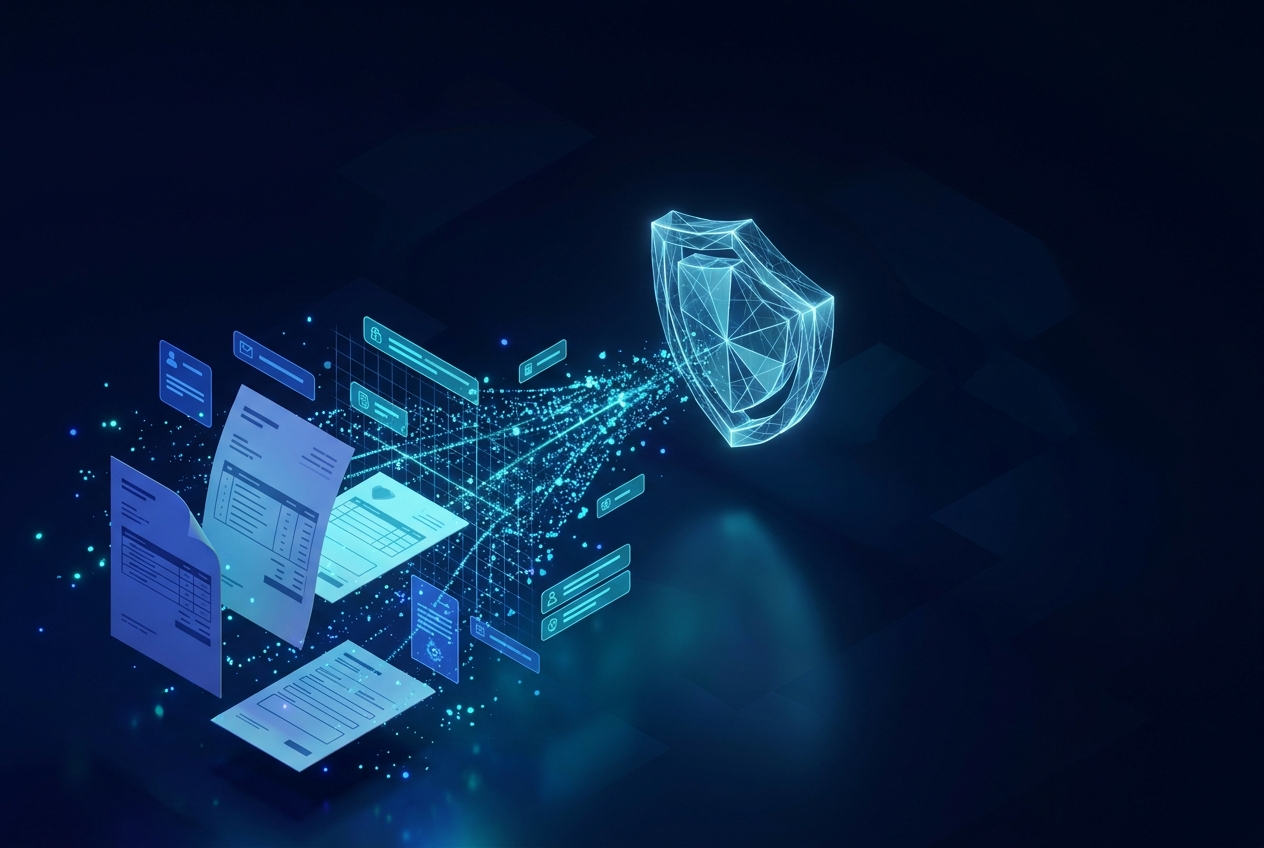 Business documents dissolving into structured data and flowing toward a glowing secure shield, representing secure document intelligence