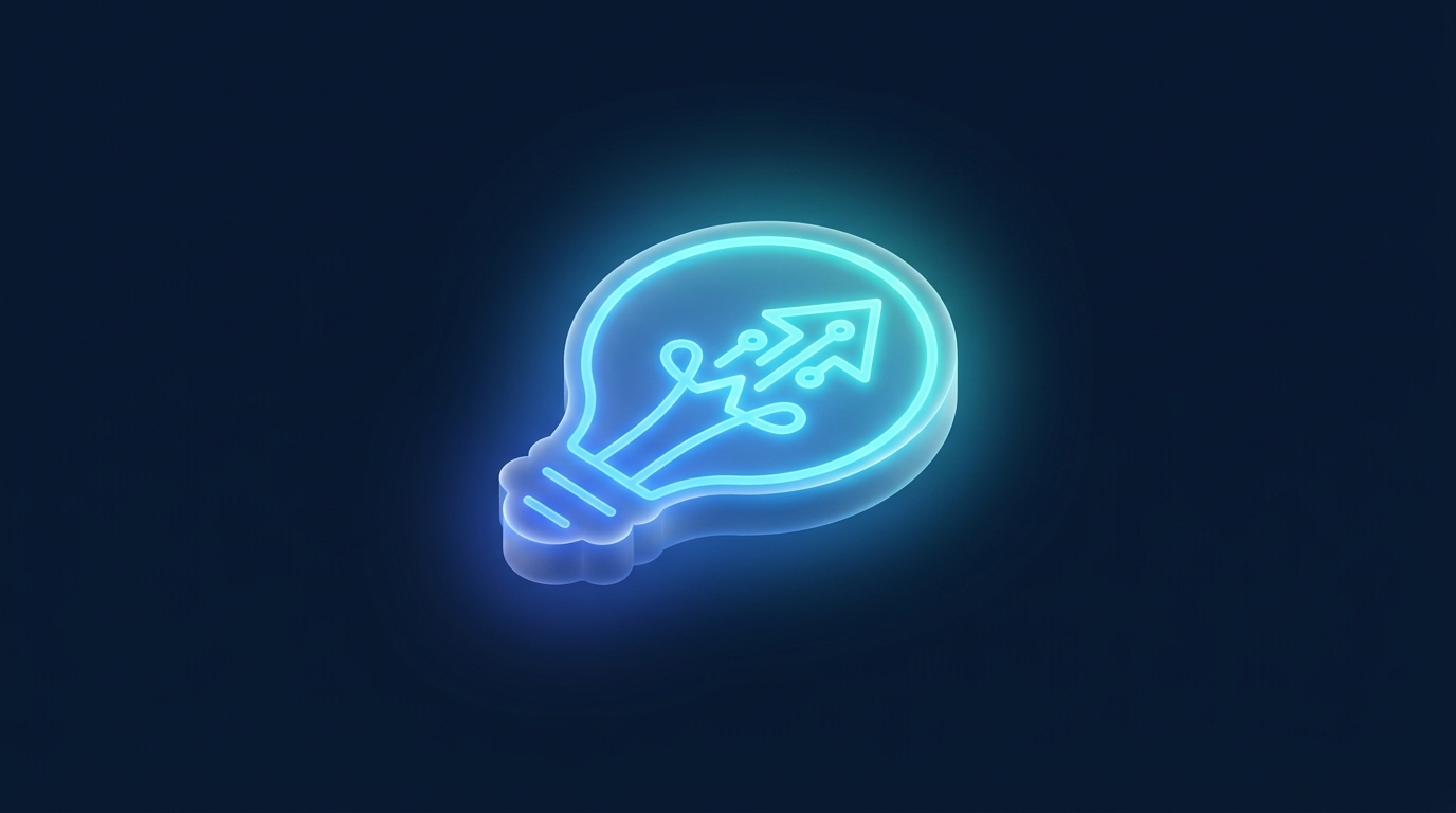 A glowing lightbulb with a forward arrow