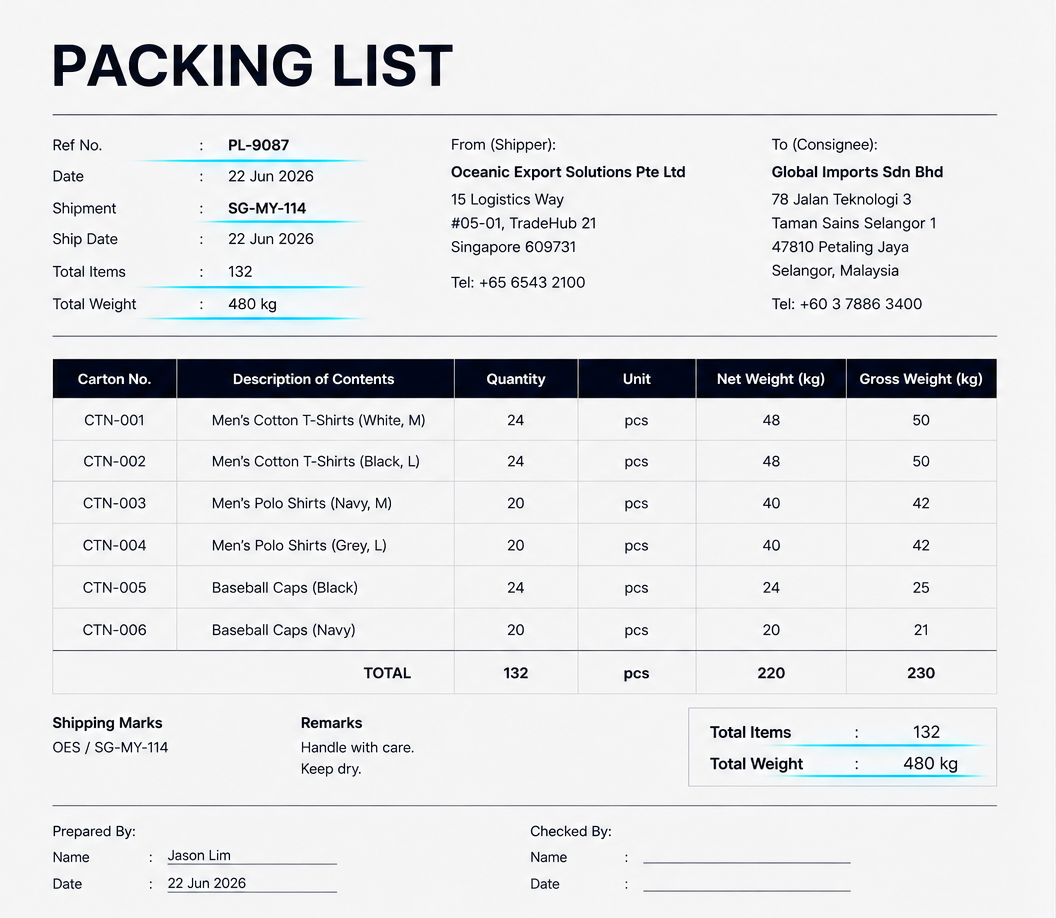 Sample Packing List document