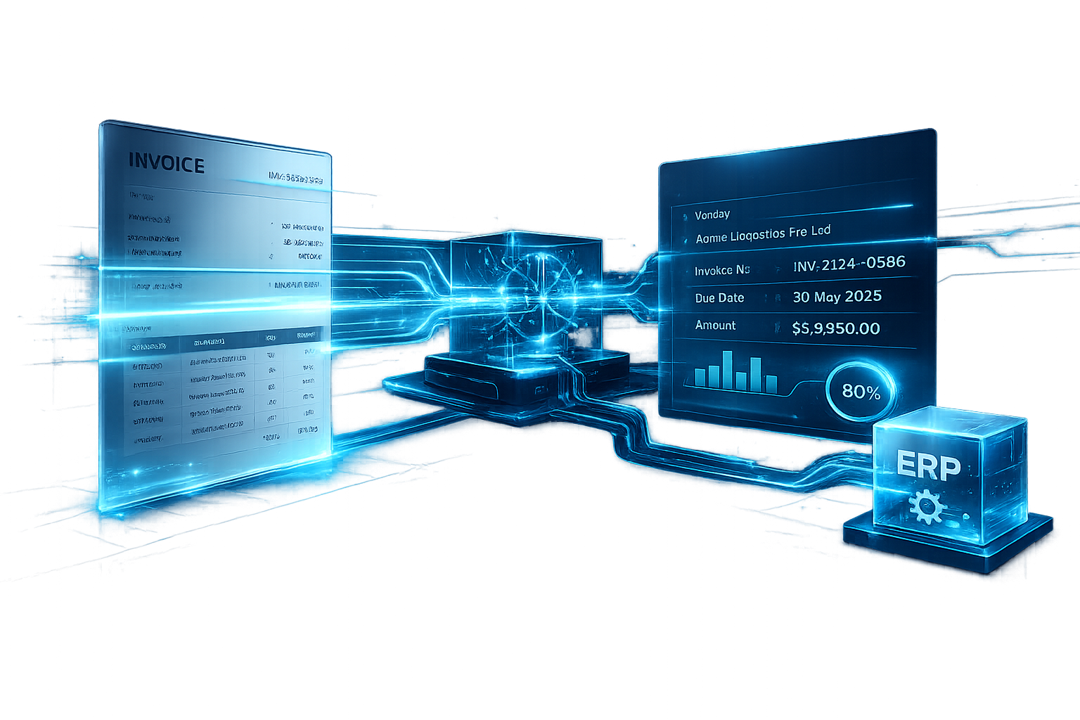 AI document extraction pipeline turning a scanned document into structured data and pushing it to an ERP