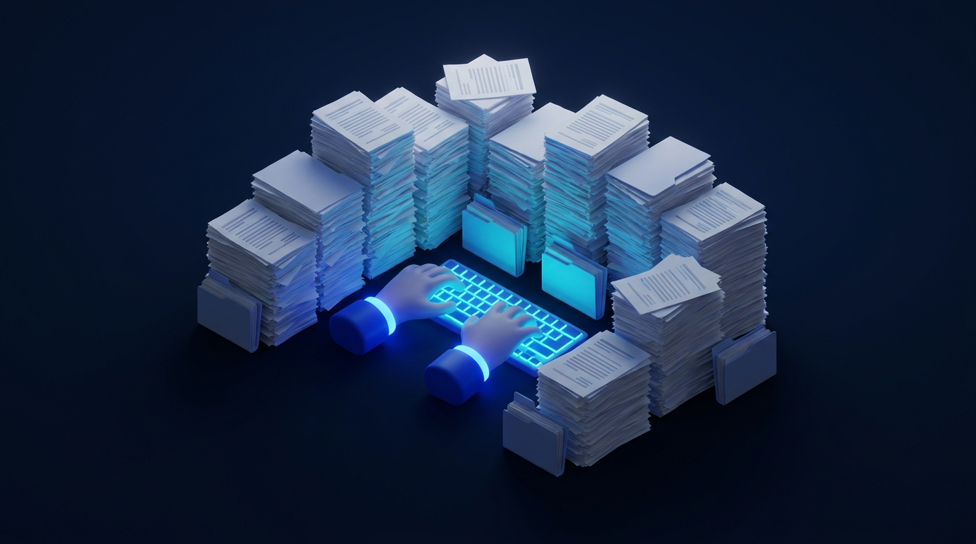 Hands typing invoice data amid stacks of paper