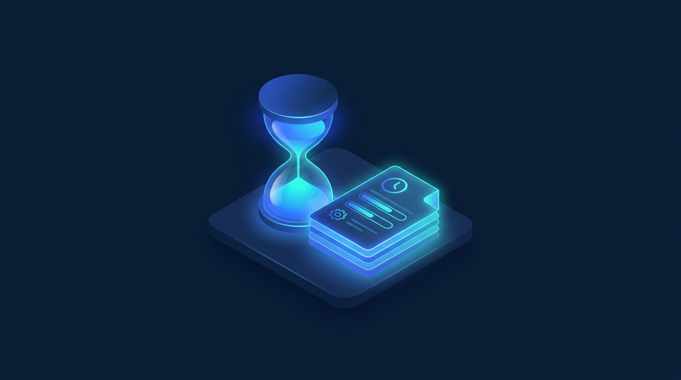 An hourglass beside a stack of pending invoices