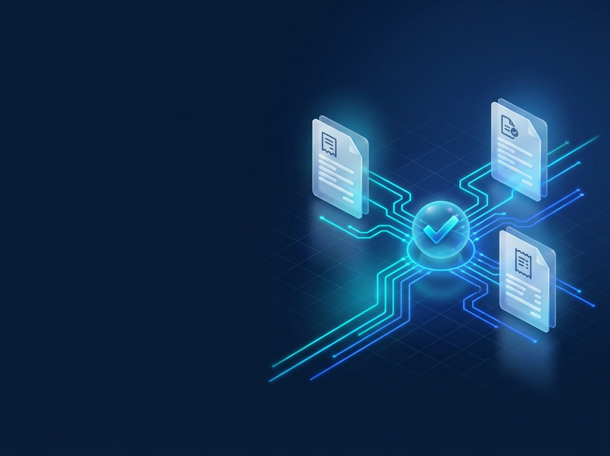 An invoice, purchase order, and receipt converging into a single matched and approved record for three-way matching
