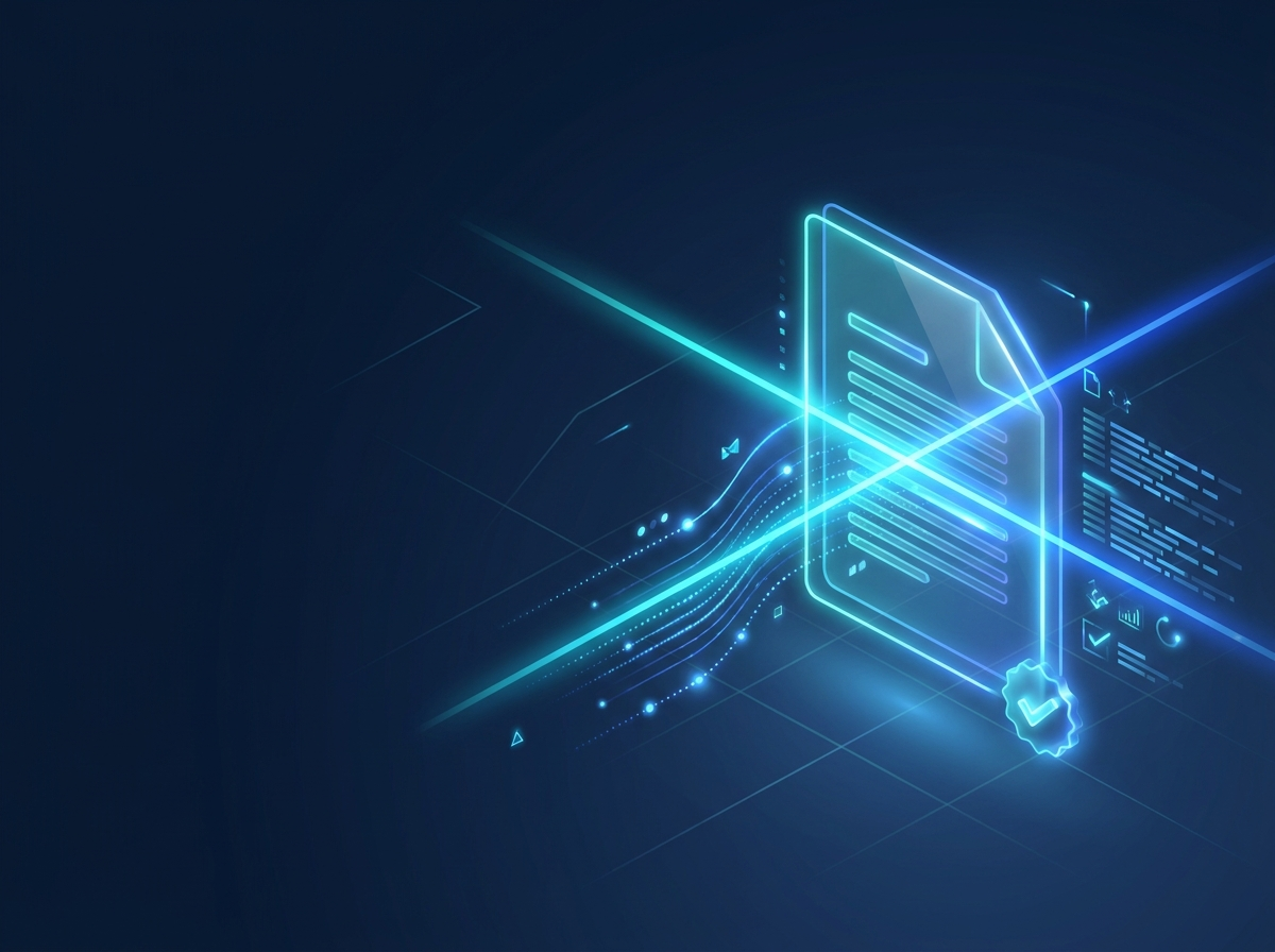 A supplier invoice being scanned into validated, structured data rows with a confidence checkmark