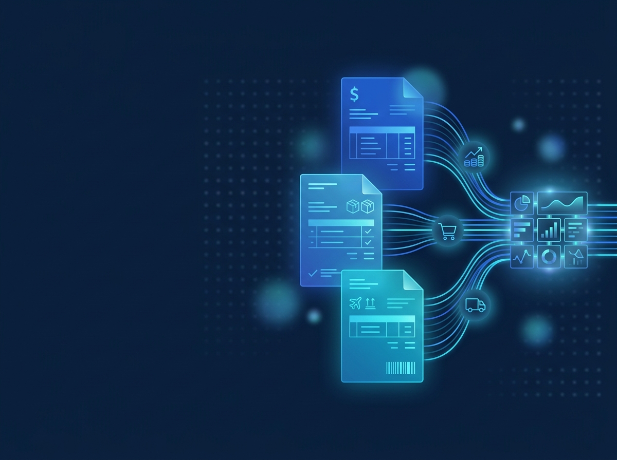 Invoices, purchase orders, and delivery documents flowing into a structured data dashboard